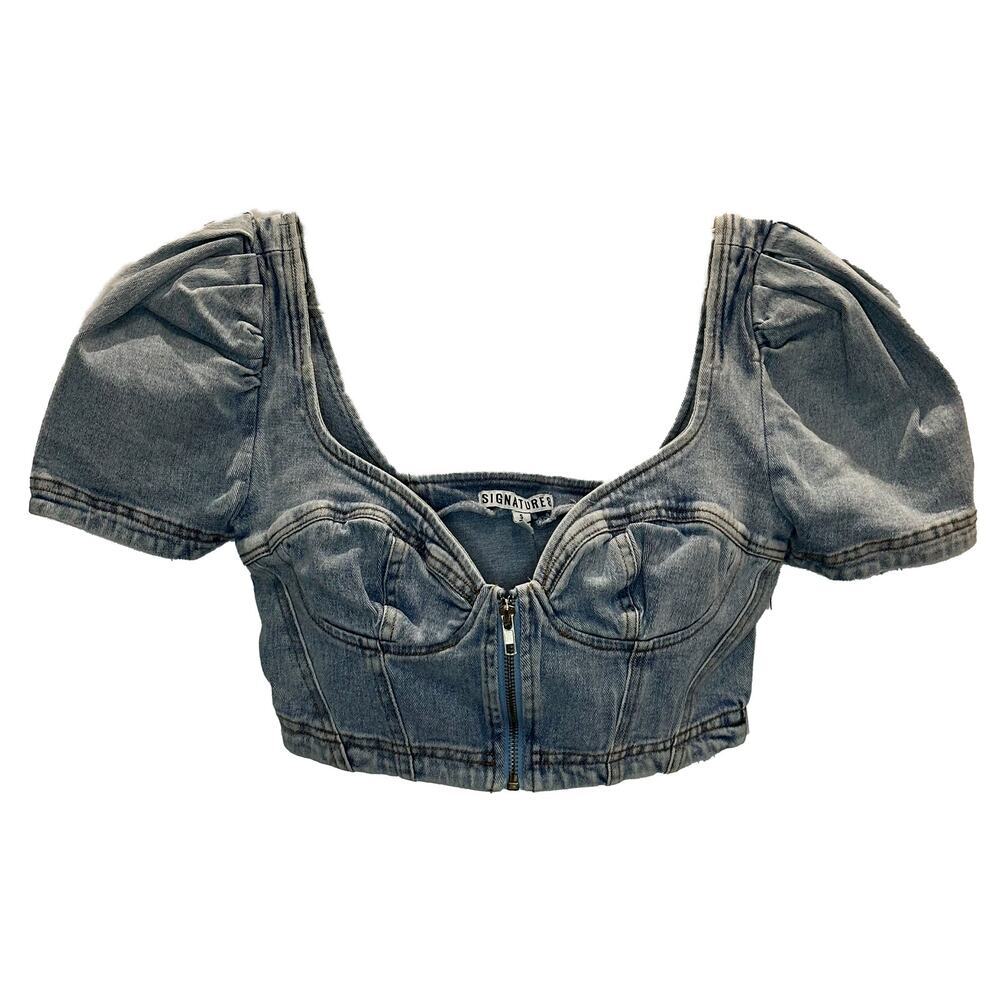 Signature 8 – Jordi Puff Sleeve Denim Crop Top – Medium Wash – Size S